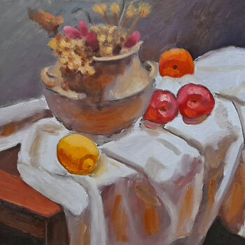 Pintura intitulada "Vasija con frutas" por Silvia Beatriz Marcucci, Obras de arte originais, Óleo