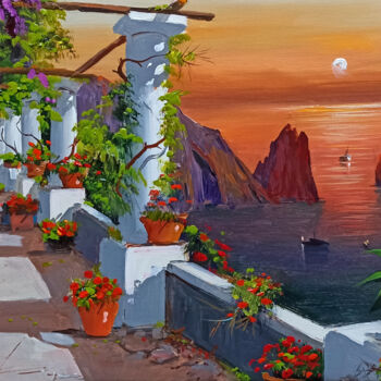 Painting titled "Romantic sunset - C…" by Silvio Valli, Original Artwork, Oil Mounted on Wood Stretcher frame