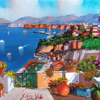 Painting titled "Flowery terrace vie…" by Silvio Valli, Original Artwork, Oil Mounted on Wood Stretcher frame