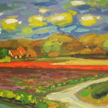 Schilderij getiteld "TULLIP FIELD AT THE…" door Simon Borst, Origineel Kunstwerk