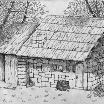 Drawing titled "An old cottage" by Skratek, Original Artwork, Ballpoint pen