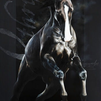 Painting titled "Black horse running…" by Skyzune Art, Original Artwork, Oil Mounted on Wood Stretcher frame