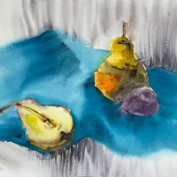 Painting titled "Pears and plum" by Sofiia Kulichkova (Sonjakul), Original Artwork, Watercolor