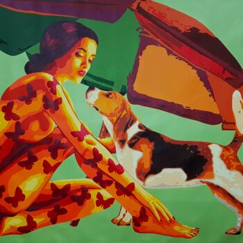 「Lady, dog and beach…」というタイトルの絵画 Sonaly Gandhiによって, オリジナルのアートワーク, アクリル