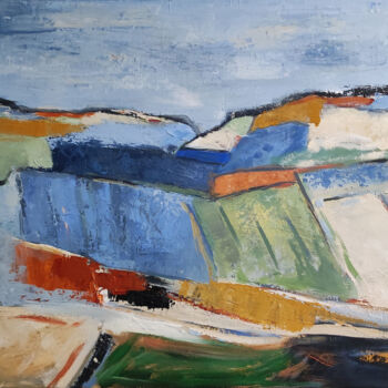 Painting titled "geometric landscape" by Sophie Dumont, Original Artwork, Oil Mounted on Wood Stretcher frame