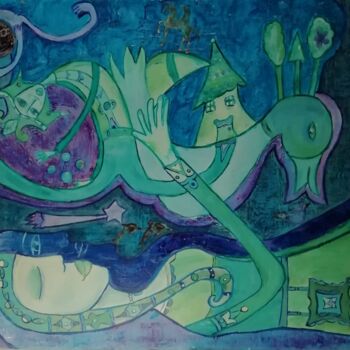 「Le rêve bleu」というタイトルの絵画 Sophie Mauginによって, オリジナルのアートワーク, アクリル ウッドストレッチャーフレームにマウント