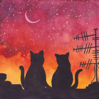 「Two black cats in l…」というタイトルの絵画 Space Oleandrによって, オリジナルのアートワーク, 水彩画