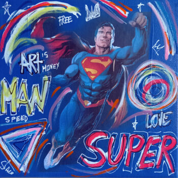 Ζωγραφική με τίτλο "SPACO Superman  , 2…" από Spaco, Αυθεντικά έργα τέχνης, Κολάζ Τοποθετήθηκε στο Ξύλινο φορείο σκελετό