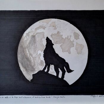 Drawing titled "La Lune hurle" by Stefan, Original Artwork, Ink