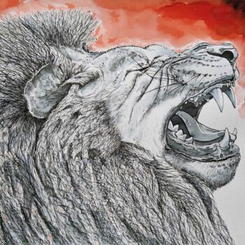 Drawing titled "Le Lion" by Stéfarno, Original Artwork, Ink Mounted on Wood Panel