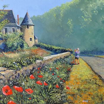 Painting titled "Coquelicots au Chat…" by Stephan Serais, Original Artwork, Oil Mounted on Wood Stretcher frame