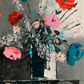 Schilderij getiteld "Bouquet de fleurs" door Stéphane Palazzotto, Origineel Kunstwerk, Acryl Gemonteerd op Frame voor houten…