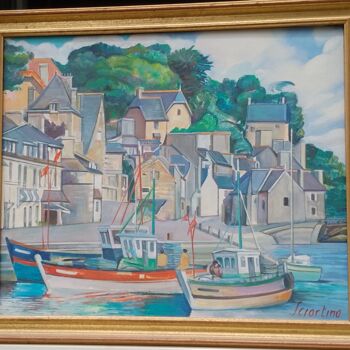 Painting titled "Un PORT BRETON  PON…" by Stéphane Sciortino, Original Artwork, Oil Mounted on Wood Stretcher frame