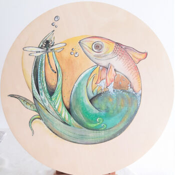 绘画 标题为“Goldfish & Dragonfly” 由Stéphanie Loiseau-Bilard, 原创艺术品, 水彩 安装在木板上