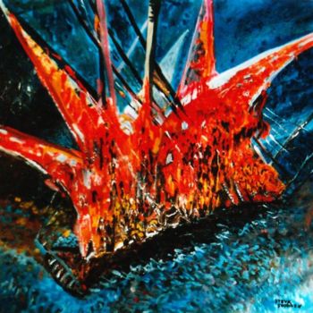 Malerei mit dem Titel "Bateau en feu" von Steve Soobben, Original-Kunstwerk, Öl