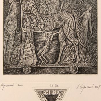 Druckgrafik mit dem Titel "The horse of Troy" von Leonid Stroganov, Original-Kunstwerk, Andere