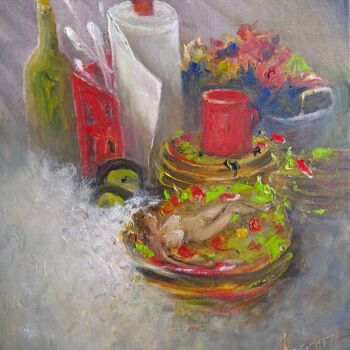 Malerei mit dem Titel "Dirty Dishes" von Sue Lorenz, Original-Kunstwerk, Öl