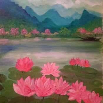 Pintura intitulada "lotus-river.jpg" por Suleiman, Obras de arte originais, Óleo