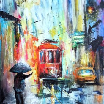 Painting titled "Rain.Cars.Umbrella.…" by Natalja Picugina, Original Artwork, Acrylic