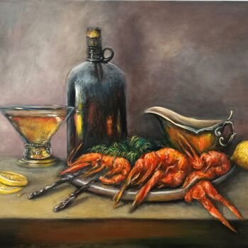 Peinture intitulée "Wine and red crayfi…" par Natalja Picugina, Œuvre d'art originale, Huile