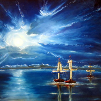 Malerei mit dem Titel "Boats in the Moonli…" von Susanart, Original-Kunstwerk, Öl