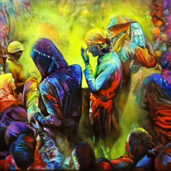 Картина под названием "fiesta hindú" - Suso C. Ben, Подлинное произведение искусства, Масло Установлен на Деревянная рама дл…
