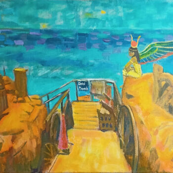 Painting titled "Gold beach" by Svetlana Chunikhina, Original Artwork, Oil Mounted on Wood Stretcher frame