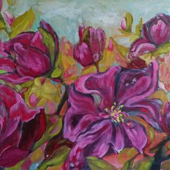 Ζωγραφική με τίτλο "Pink Мagnolia Flowe…" από Svetlana Sindere, Αυθεντικά έργα τέχνης, Λάδι Τοποθετήθηκε στο Ξύλινο φορείο σ…