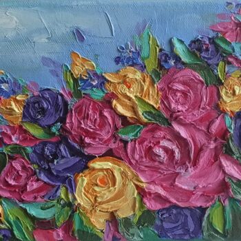 Painting titled "Roses Original Impa…" by Svetlana Sindere, Original Artwork, Oil Mounted on Wood Stretcher frame