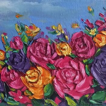 Painting titled "Roses Original Impa…" by Svetlana Sindere, Original Artwork, Oil Mounted on Wood Stretcher frame