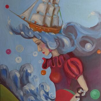Malarstwo zatytułowany „Fantasy Ship Origin…” autorstwa Svetlana Sindere, Oryginalna praca, Olej Zamontowany na Drewniana ra…
