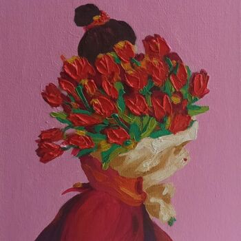 Malerei mit dem Titel "Girl Flowers Tulips…" von Svetlana Sindere, Original-Kunstwerk, Öl Auf Karton montiert