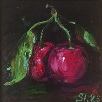 Painting titled "Сherry Fruits Origi…" by Svetlana Sindere, Original Artwork, Oil Mounted on Cardboard