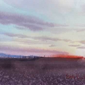 Pintura titulada "Sunset over the fie…" por Svetlana Kostina, Obra de arte original, Acuarela