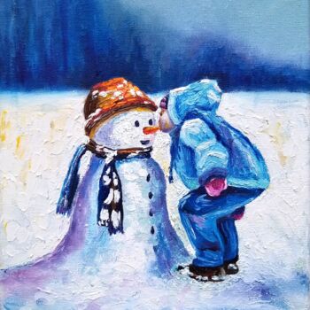 Malerei mit dem Titel "A boy and a snowman." von Svetlana Samsonova, Original-Kunstwerk, Öl