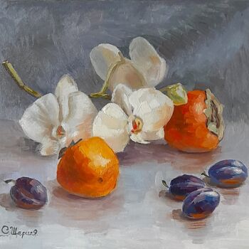 Painting titled "Oil painting Orchid…" by Svetlana Shcherilya, Original Artwork, Oil Mounted on Cardboard