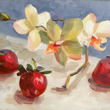 Painting titled "Strawberries painti…" by Svetlana Shcherilya, Original Artwork, Oil Mounted on Other rigid panel