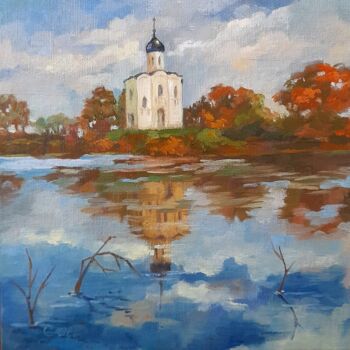 Painting titled "Temple by the Nerl…" by Svetlana Shcherilya, Original Artwork, Oil Mounted on Cardboard