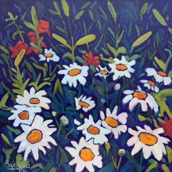 Painting titled "Daisies" by Anastasia Sycheva, Original Artwork, Oil