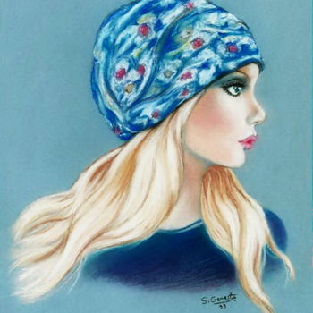 "Le foulard bleu" başlıklı Tablo Sylvie Geneste tarafından, Orijinal sanat, Pastel