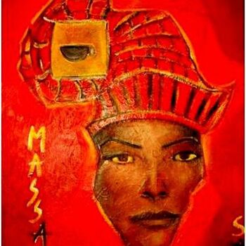 Ζωγραφική με τίτλο "Massaï" από Sylvia Adjabroux, Αυθεντικά έργα τέχνης, Λάδι Τοποθετήθηκε στο Ξύλινο φορείο σκελετό