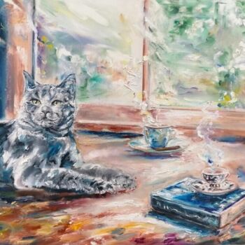 Pittura intitolato "A cat, a book, a cu…" da Sylvie Bayle, Opera d'arte originale, Olio