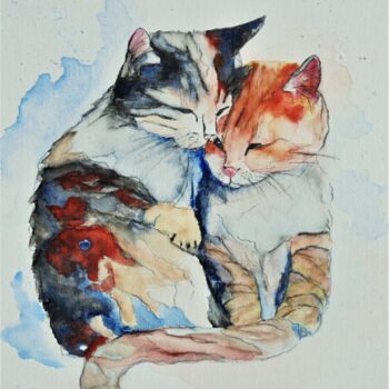 Schilderij getiteld "les 2 chats couleur" door Sylvie Pinon, Origineel Kunstwerk, Aquarel