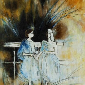 绘画 标题为“2 anges sur le banc” 由Sylvie Pinon, 原创艺术品, 丙烯 安装在纸板上