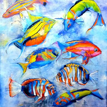 제목이 "Fluo fish"인 미술작품 Sylwia Wenska로, 원작, 아크릴 나무 들것 프레임에 장착됨