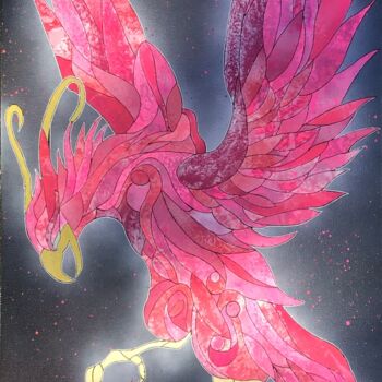 Painting titled "Phœnix Rose" by Fabien Dessoly (Symbolic Art BZH), Original Artwork, Spray paint Mounted on Wood Stretcher…