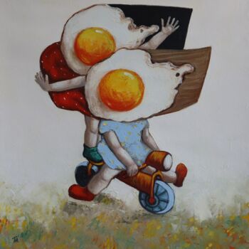 Pintura titulada "Egg Girls on a bicy…" por Ta Byrne, Obra de arte original, Oleo