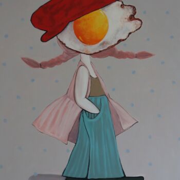 Schilderij getiteld "Egg girl in pink" door Ta Byrne, Origineel Kunstwerk, Olie