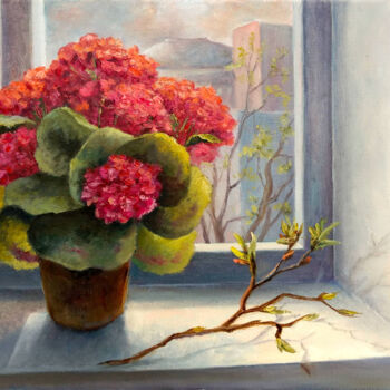 Painting titled "Spring greeting" by Tamara Rozinskay, Original Artwork, Oil Mounted on Wood Stretcher frame