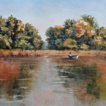 Картина под названием "Calm water. Fisherm…" - Tamara Rozinskay, Подлинное произведение искусства, Масло Установлен на картон
